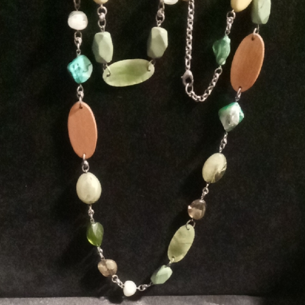 Multicolor, Multi Media Beaded Necklace. 34 Inches Long Green Tones